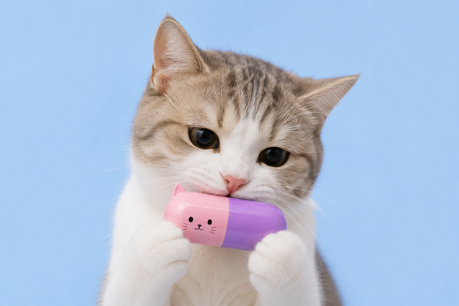 A fluffy cat holding a Catamine cat pill in its paws