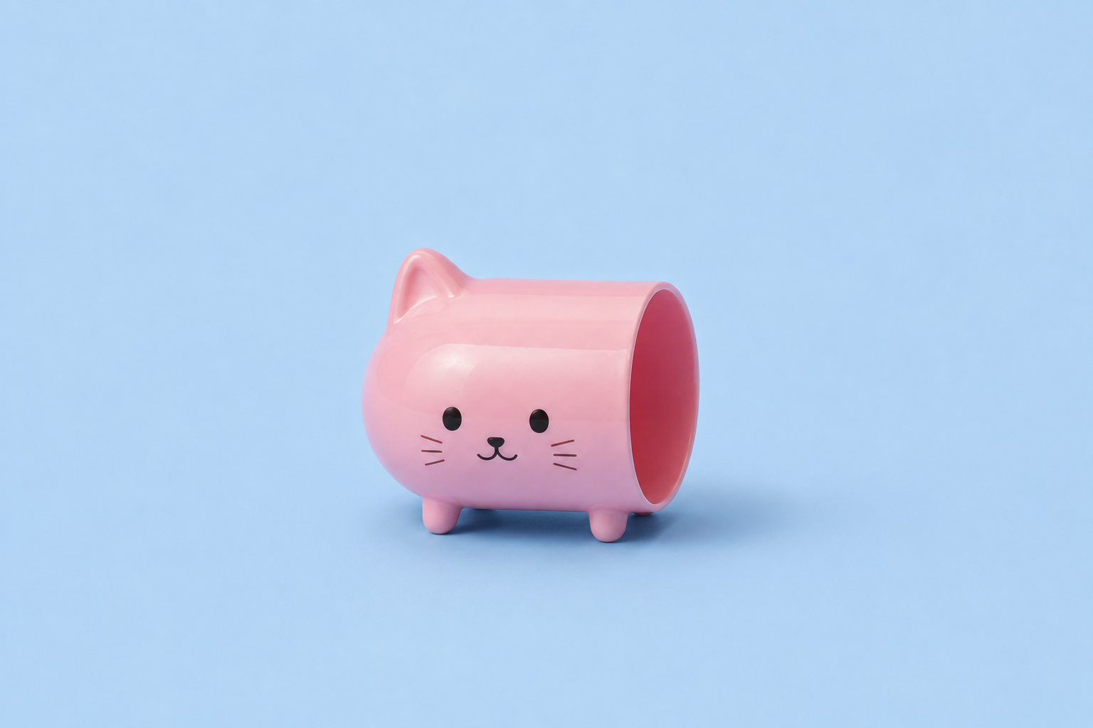 A pink cat-shaped ceramic cup, the Catamine mascot
